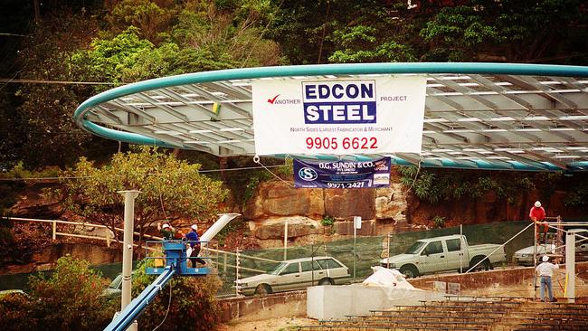 The ‘flying saucer’ grandstand at Manly Oval under construction in December 2001. Picture: Carmela Roche