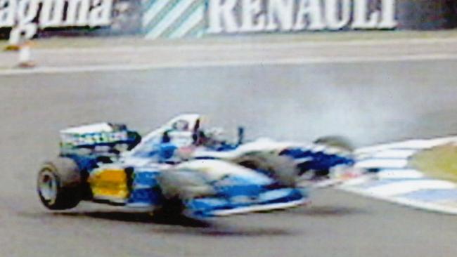 Damon Hill and Michael Schumacher crash in a race.