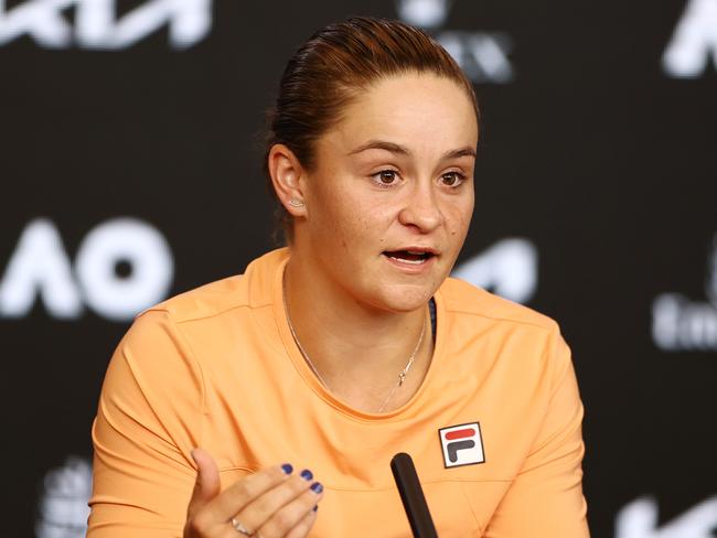 MELBOURNE, AUSTRALIA - FEBRUARY 17:  Ashleigh Barty of Australia talks to the media following her WomenÃ¢â¬â¢s Singles Quarterfinals match against Karolina Muchova of the Czech Republic during day 10 of the 2021 Australian Open at Melbourne Park on February 17, 2021 in Melbourne, Australia. (Photo by Matt King/Getty Images)