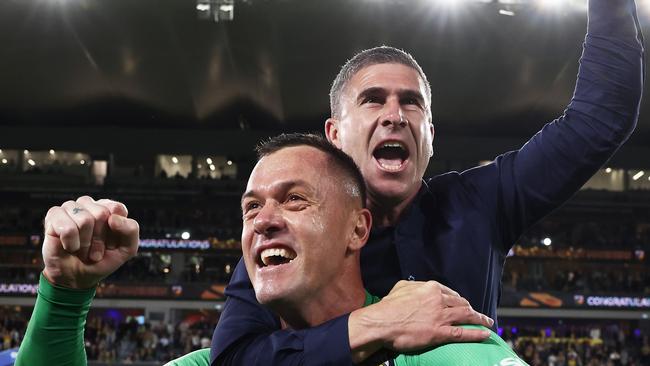 SYDNEY, AUSTRALIA - JUNE 03:  Mariners Head Coach Nick Montgomery (R) embraces Daniel Vukovic as they celebrate winning the 2023 A-League Men's Grand Final match between Melbourne City and Central Coast Mariners at CommBank Stadium, on June 03, 2023, in Sydney, Australia. (Photo by Matt King/Getty Images)