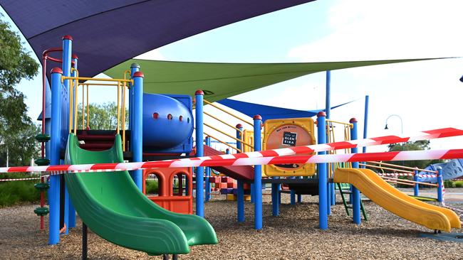 Playgrounds have been roped off as Victorians are urged to stay at home. Picture: Quinn Rooney/Getty