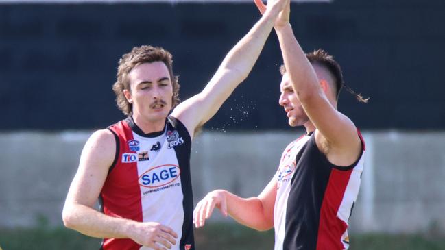 Luke Smith celebrating a goal for Southern Districts. Picture: Celina Whan / AFLNT Media