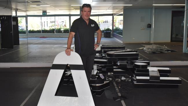 Now all that remained in the barren gym were the oversized letters that once made out ‘Anytime Fitness’, which had been discarded in piles on the floor. Picture: Lillian Watkins