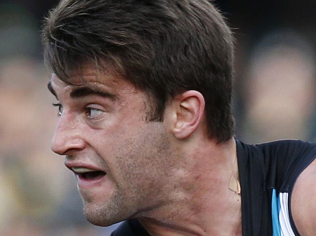 AFL - Port Adelaide v Melbourne at Adelaide Oval. Ben Newton and Sam Blease. Photo Sarah Reed.