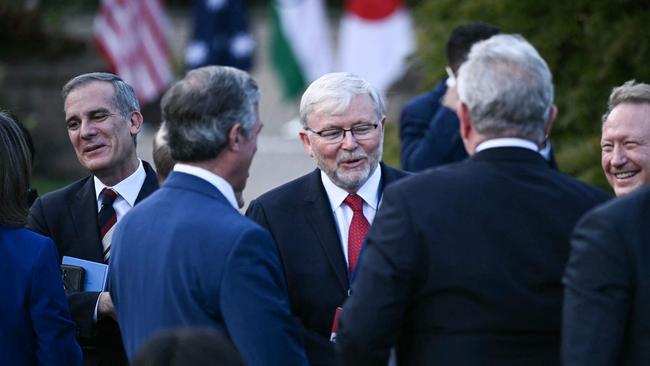 US Ambassador to India Eric Garcetti (left) and Australian Ambassador to the US Kevin Rudd arrive before US President Joe Biden makes an announcement about the Quadrilateral Cancer Moonshot. Picture: Brendan Smialowski / AFP