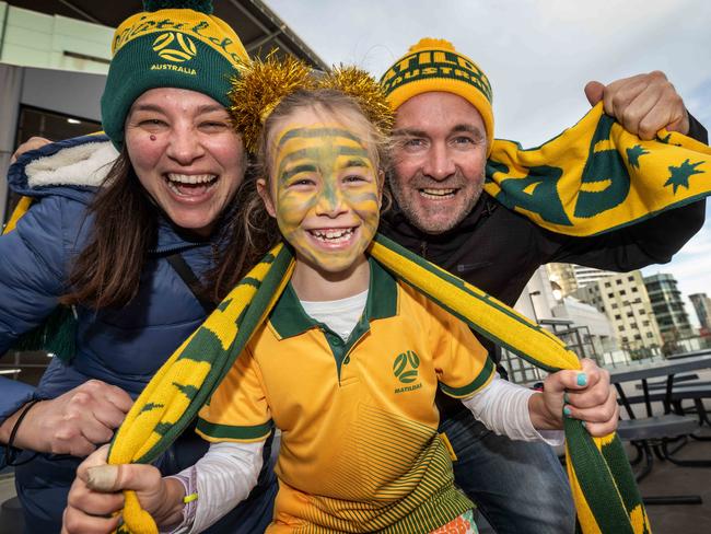 Friendly Australia v France fans arrive ahead of the game outside Marvel Stadium in Melbourne. Lee Zerner - 0429695092, Dave Williams - 0418295851Emmy - age 8. Picture: Tony Gough