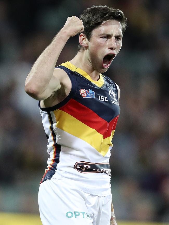 Chayce Jones celebrates a goal in the qualifying final loss to the Magpies. Picture SARAH REED