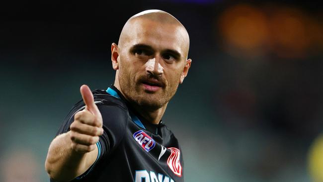 ADELAIDE, AUSTRALIA - APRIL 26: Sam Powell-Pepper of the Power gives the thumbs up to fans before the game during the 2024 AFL Round 07 match between the Port Adelaide Power and the St Kilda Saints at Adelaide Oval on April 26, 2024 in Adelaide, Australia. (Photo by Sarah Reed/AFL Photos via Getty Images)