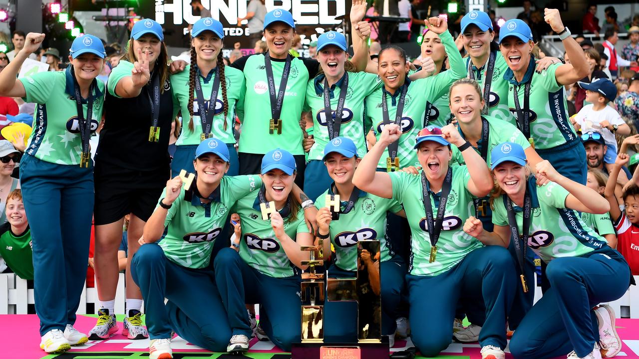 The Oval Invincibles lift the Women's Hundred Trophy. Photo by Alex Davidson/Getty Images