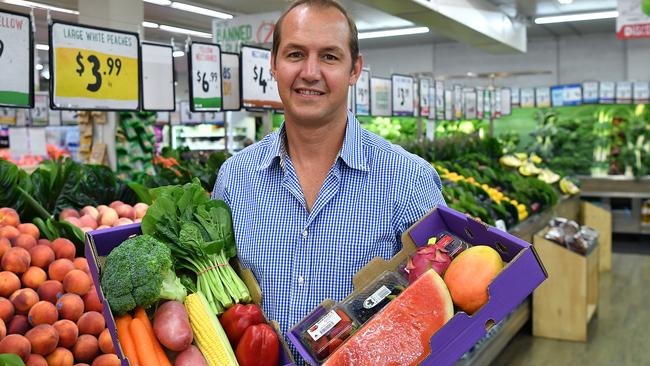 Harris Farm Markets co-CEO Luke Harris is helping distribute boxes of fresh fruit and vegetables to those struggling during the COVID-19 emergency. Picture: Joel Carrett