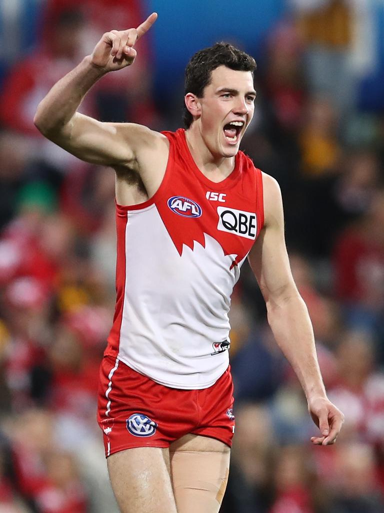 Tom McCartin celebrates a Sydney goal.