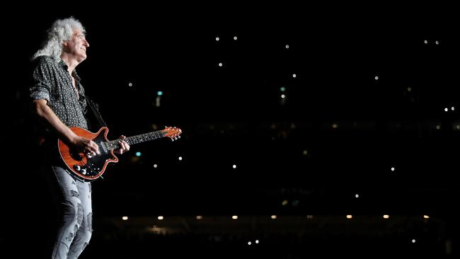 Queen’s Brian May playing at the Fire Fight Australia concert. Picture: AAP