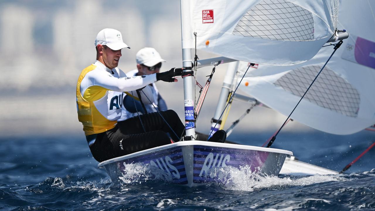 MARSEILLE, FRANCE - AUGUST 04: Matt Wearn of Team Australia competes in the Men's Dinghy ICLA class race on day nine of the Olympic Games Paris 2024 at Marseille Marina on August 04, 2024 in Marseille, France. (Photo by Clive Mason/Getty Images)