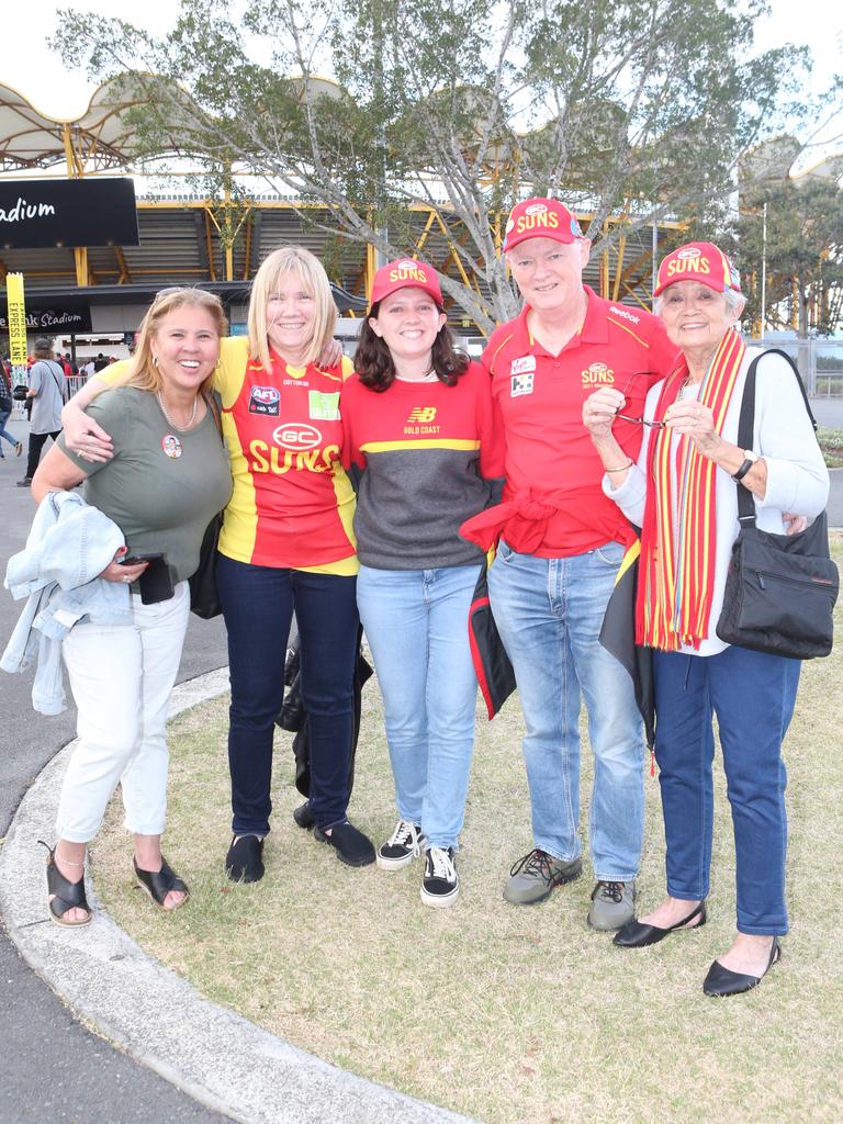 The Gold Coast Suns will host its first AFLW final when they take on the Sydney Swans on Saturday night. Noraine Singletary, Trudi Jobberns, Zara Jobberns-King, Randal King, Sandra Meldrum. 11 November 2023 Carrara Picture by Richard Gosling