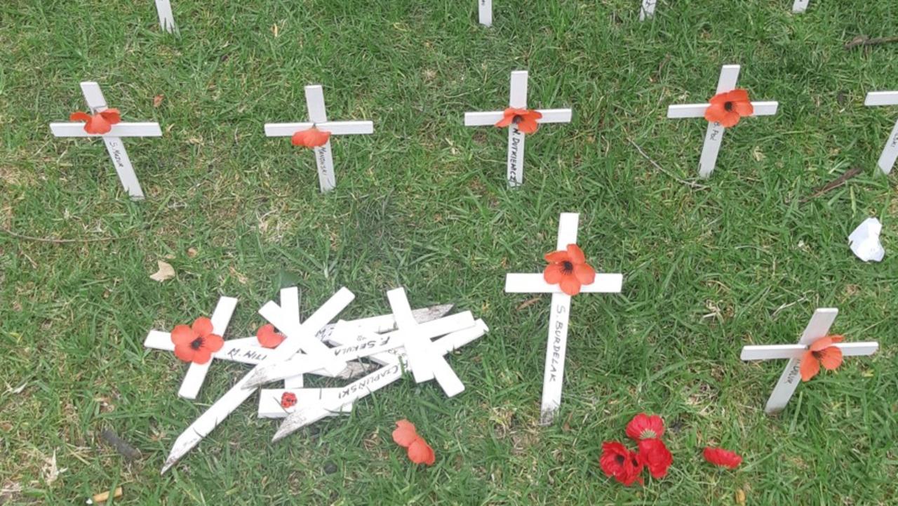 Memorial crosses at the RSL’s Field of Remembrance near the National War Memorial on North Terrace were vandalised in the lead-up to Remembrance Day. Picture: Supplied