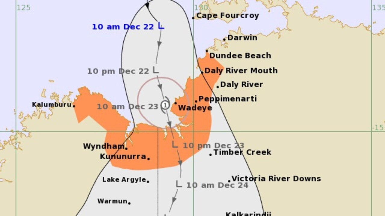 Possible tropical cyclone developing Friday morning before crossing the coast near the NT/WA border. As at Thursday, 12.09pm December 22, 2022. Picture: BOM