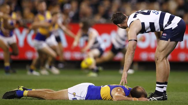 Tom Hawkins of the Cats checks on Will Schofield after knocking him to the ground on Friday night. Picture: Dylan Burns/AFL Photos via Getty Images