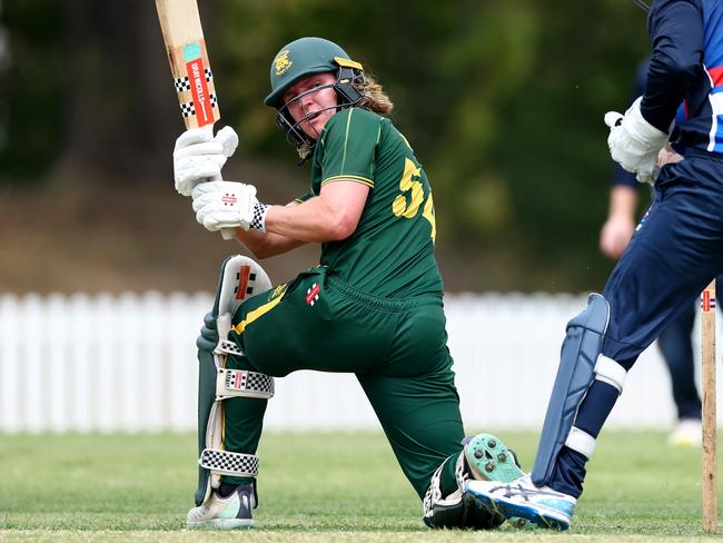 Tearan Gleeson of Northcote bats during the Victorian Premier Cricket Kookaburra Men's Premier Firsts Round 5 match between Northcote and Footscray at Bill Lawry Oval, on November 23, 2024, in Melbourne, Australia. (Photo by Josh Chadwick)