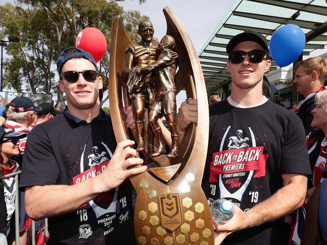 SYDNEY, AUSTRALIA - OCTOBER 07: Luke Keary and Sam Verrills of the Roosters hold aloft the premiership trophy during the Sydney Roosters NRL Grand Final celebrations at Hordern Pavilion on October 07, 2019 in Sydney, Australia. The Rooster beat the Canberra Raiders in last night's Grand Final at ANZ Stadium. (Photo by Mark Metcalfe/Getty Images)