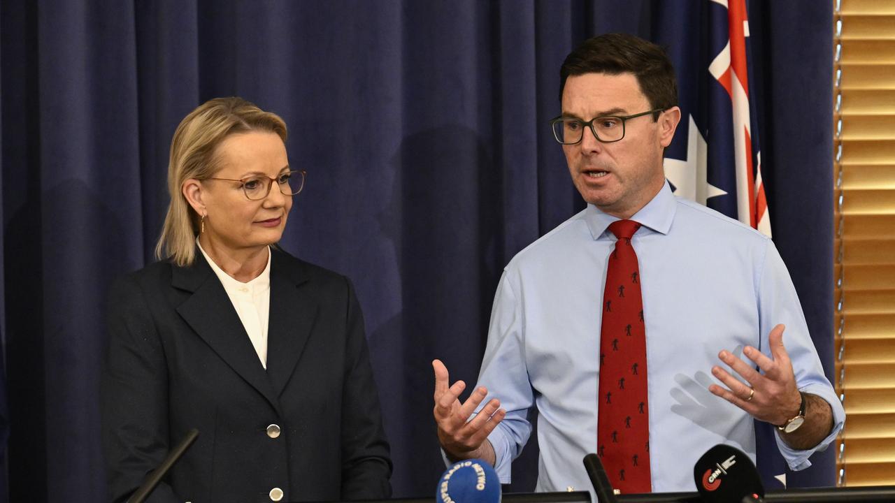 Ms Ley and Mr Littleproud presented a united front, with the Nationals Leader flitting away ‘gossip and innuendo’ of party fissures. Picture: NewsWire/ Martin Ollman
