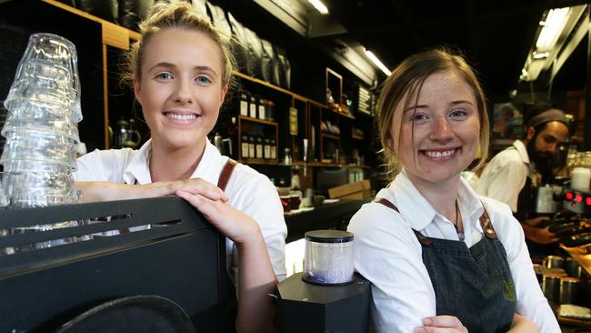 Christina Murphy and Sarah Smith at Campos cafe in Newstead. Picture: AAP/Claudia Baxter