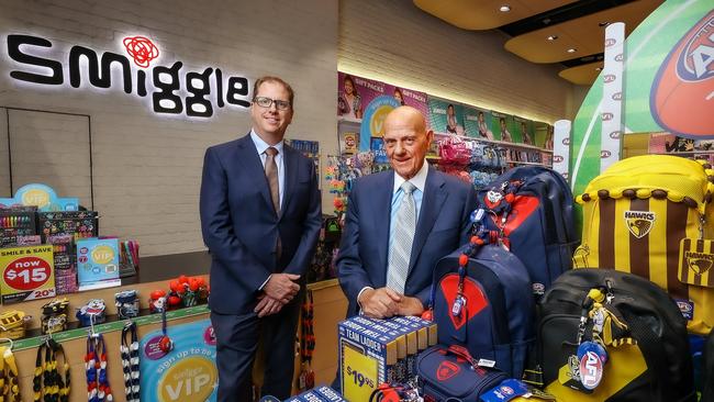 Premier Investments chairman Solomon Lew and outgoing CEO Richard Murray, at its Smiggle store in Melbourne’s CBD. Picture: Ian Currie