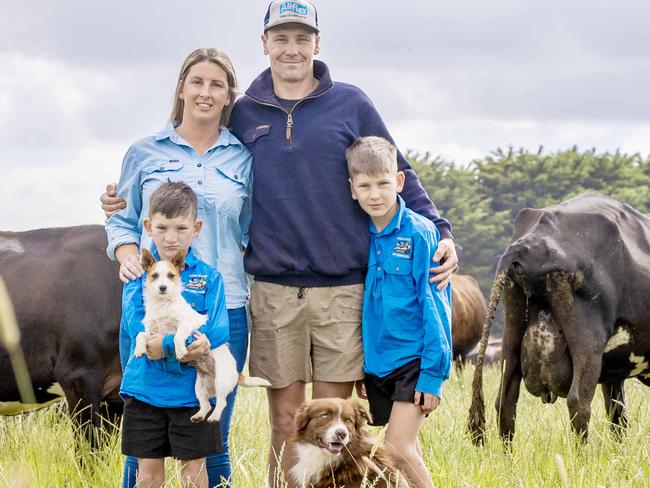 DAIRY: Ryan and Alysha Conlan at ElingamiteNew dairy farmers Ryan and Alysha Conlan on their farm at Elingamite.PICTURED: Ryan and Alysha Conlan with their two kids 9yo James and 7yo Lewis, Floppy the Jack Russell terrier and Rip the Border Collie on farm at ElingamitePicture: Zoe Phillips