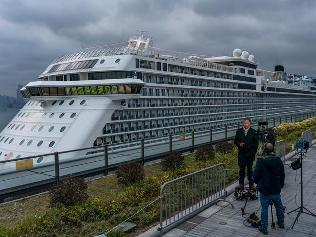 The World Dream cruise ship sits moored at Kai Tak Cruise Terminal in Hong Kong with more than 1800 passengers aboard. Picture: Getty Images