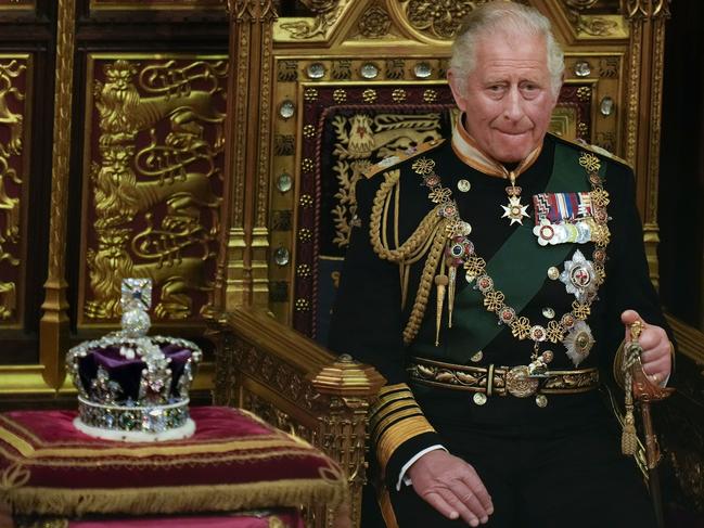 Prince Charles sat in a gold throne next to the Queen’s crown. Picture: Alastair Grant – WPA Pool/Getty Images