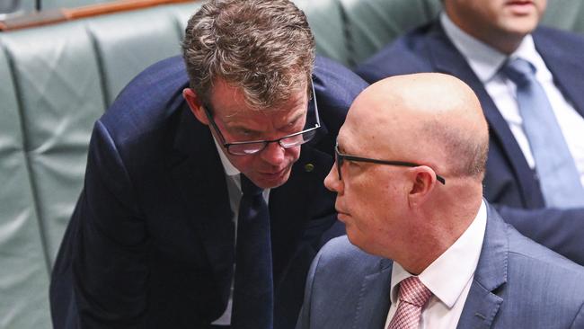 Opposition Leader Peter Dutton and Dan Tehan during Question Time on Thursday as debate over the detainees heated up. Picture: NCA NewsWire / Martin Ollman