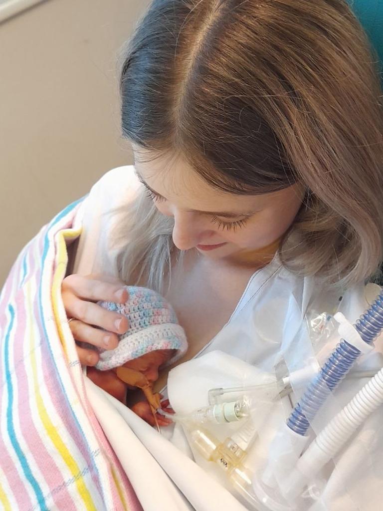 New mum Erika Brown holding her son Ollie. He is just one of nine surviving babies born at 24 weeks’ gestation last year. Picture: Mater Hospital