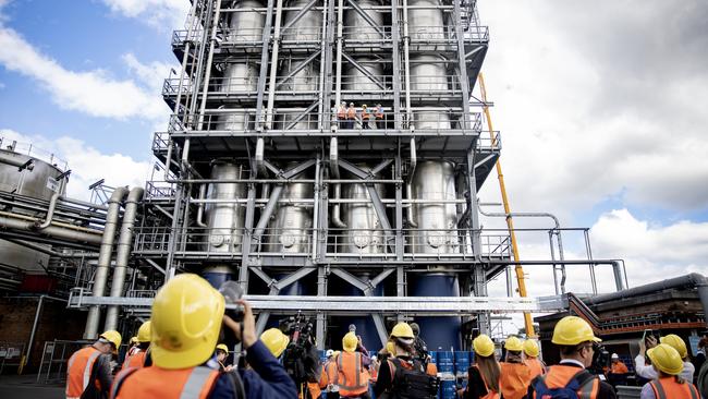 Anthony Albanese on the balcony of the Manildra ethanol distillery in Bomaderry, NSW. Picture: Nikki Short