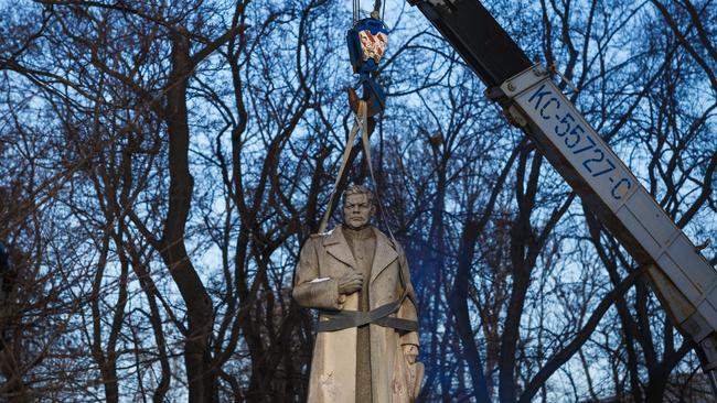 Every day statues are pulled down in front of cameras. In Kyiv on Thursday it was the turn of Russian general Nikolai Vatutin, under whose command Kyiv was liberated from the Nazis in 1943. Picture: Getty Images