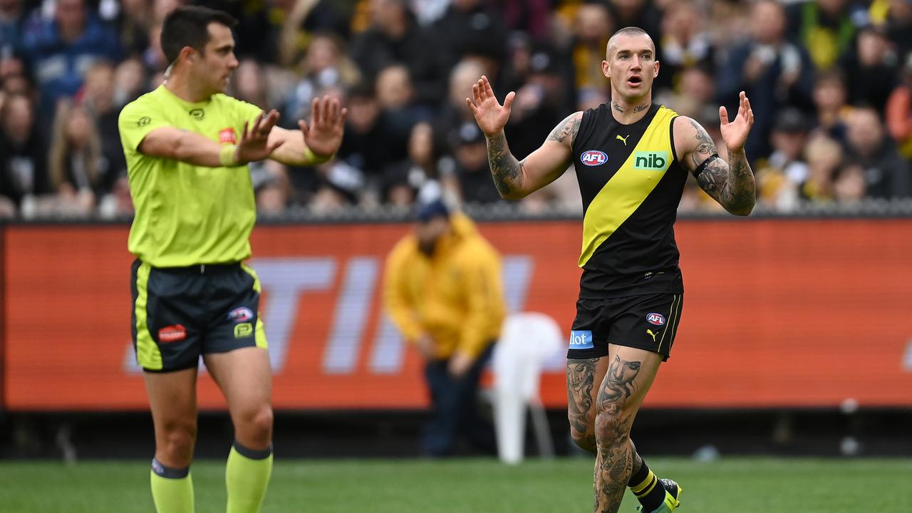 Richmond star Dustin Martin doesn’t see eye-to-eye with the umpire in his comeback game, Picture: Quinn Rooney/Getty Images