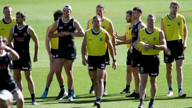 Port Adelaide players during the Captain's Run at Adelaide Oval on Friday. Picture: AAP Image/Kelly Barnes