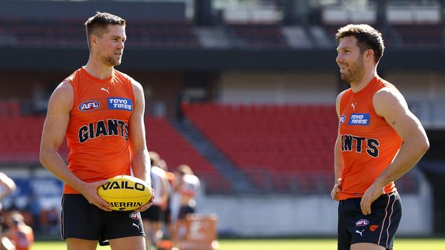 Himmelberg at training with Toby Greene on Thursday. Picture: Phil Hillyard