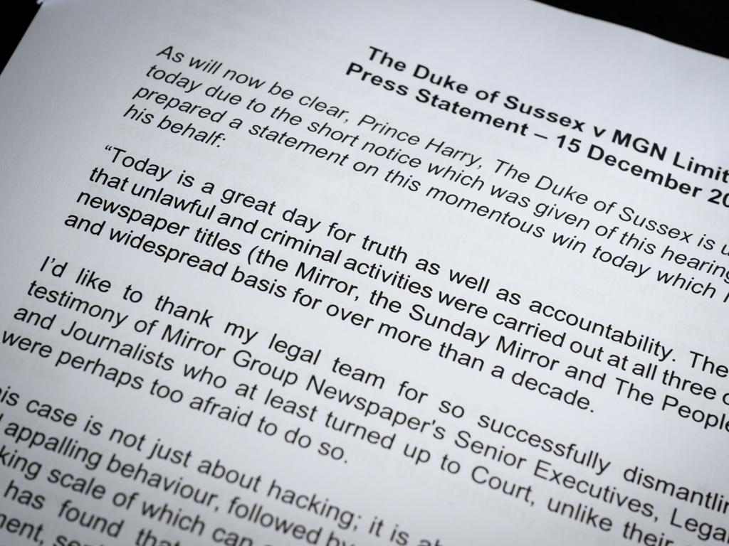 Prince Harry’s historic statement after victory in a UK court. Picture: Getty Images