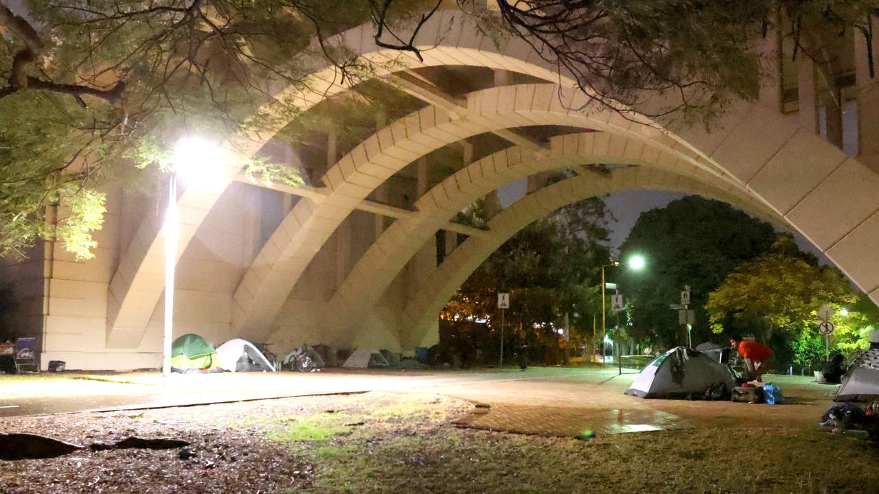 The homeless community living under the William Jolly Bridge in Brisbane’s inner-city. Picture: Steve Pohlner