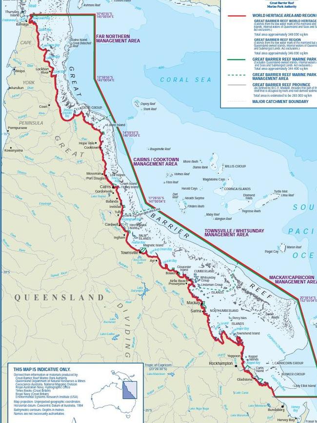 The boundaries of the Great Barrier Reef world heritage area. By mid-2027, gillnet fishing will be illegal within the red lines.