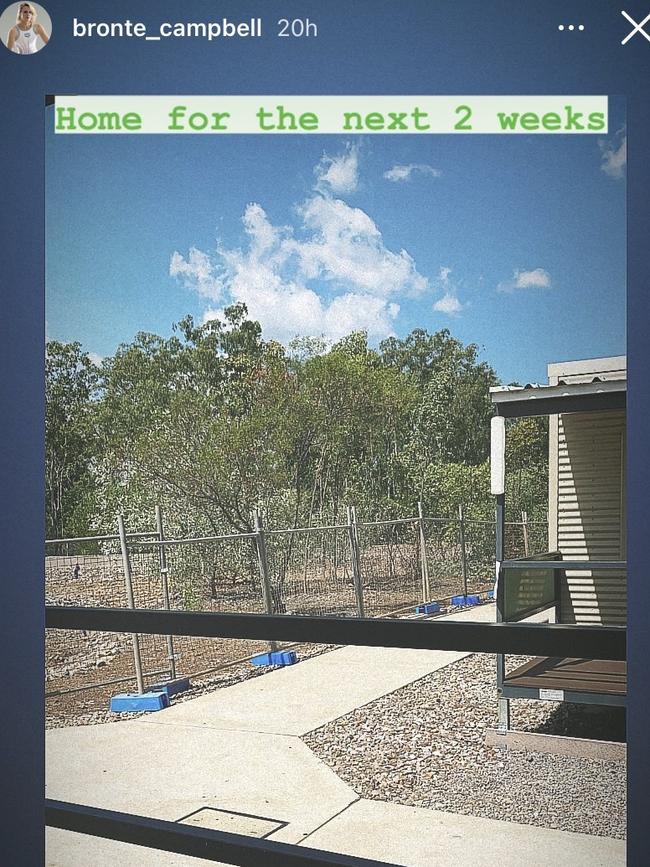 Bronte Campbell posting about her stay in Howard Springs. Picture: Instagram