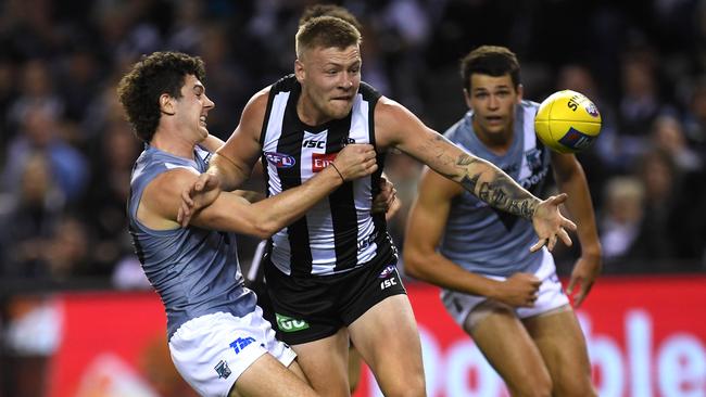 Nullifying Jordan De Goey will be a tough job for the Power’s back six. Picture: AAP Image/Julian Smith