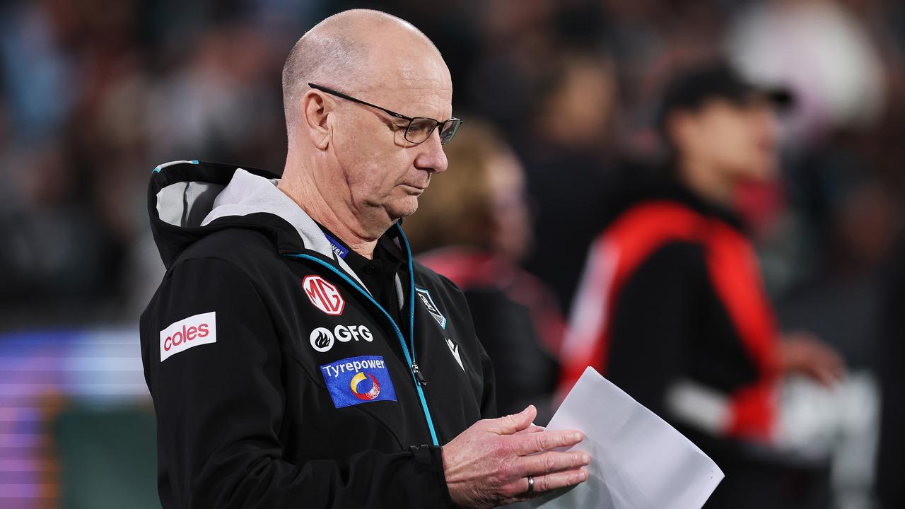 ADELAIDE, AUSTRALIA - APRIL 05: Ken Hinkley, Senior Coach of the Power during the 2024 AFL Round 04 match between the Port Adelaide Power and the Essendon Bombers at Adelaide Oval on April 05, 2024 in Adelaide, Australia. (Photo by James Elsby/AFL Photos via Getty Images)