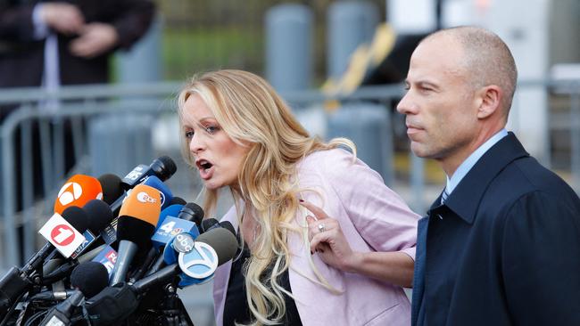 Stormy Daniels speaks US Federal Court in Manhattan with her then lawyer Michael Avenatti in April 2018. Picture: AFP