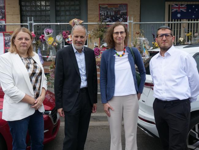 Austrian Ambassador Elisabeth Koegler visits the firebombed Adass Israel Synagogue with Eva Hussain, Abe Weiszberger, and Rabbi Gabi Kaltmann. Picture: Brendan Kearns