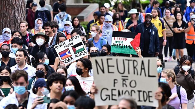 Students participate in a "Walkout to fight Genocide and Free Palestine" at Bruin Plaza at UCLA (University of California, Los Angeles) in Los Angeles on October 25, 2023. Picture: Frederic J. Brown/AFP