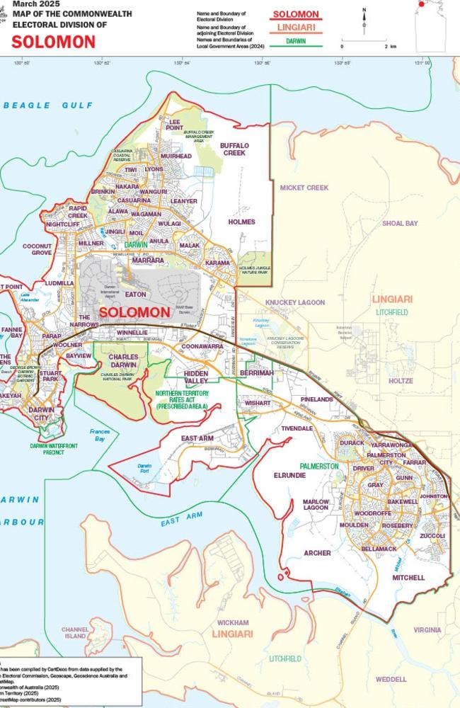 The federal seat of Solomon after electoral boundaries were redistributed on March 4, 2025. Picture: AEC.