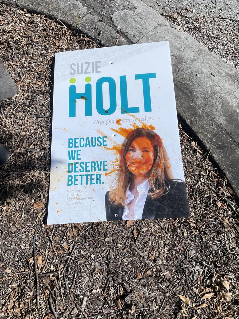 The signs of Suzie Holt have been among those targeted by vandals and pranksters in Toowoomba.