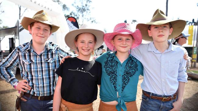 Jamie Sargeantson, Charlotte Turner, Lottie and Harry Sargeantson at the Gympie Muster. Picture: Patrick Woods.