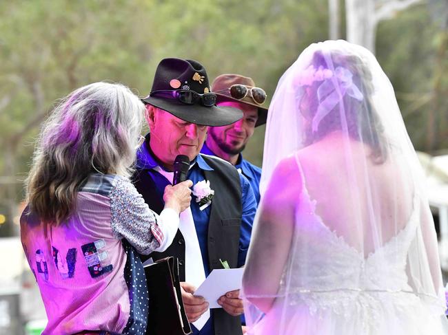 Simone Ward and Geoffrey Borninkhof, were married on The Hill Stage at Gympie Music Muster. Picture: Patrick Woods.