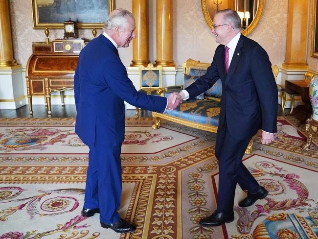 Britain's King Charles III receives Australia's Prime Minister Anthony Albanese during an audience at Buckingham Palace. Picture: AFP